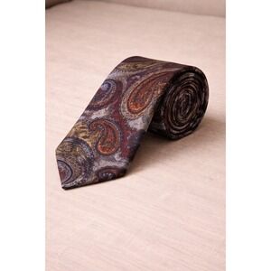 Benchmark Made in USA Paisley Tie Mens Vintage Wide 4" Blue Burgundy Gold 59"